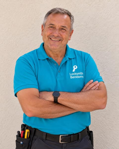 A smiling man with grey hair and folded arms, wearing a turquoise polo with the Locksmith Benidorm logo and a tool belt